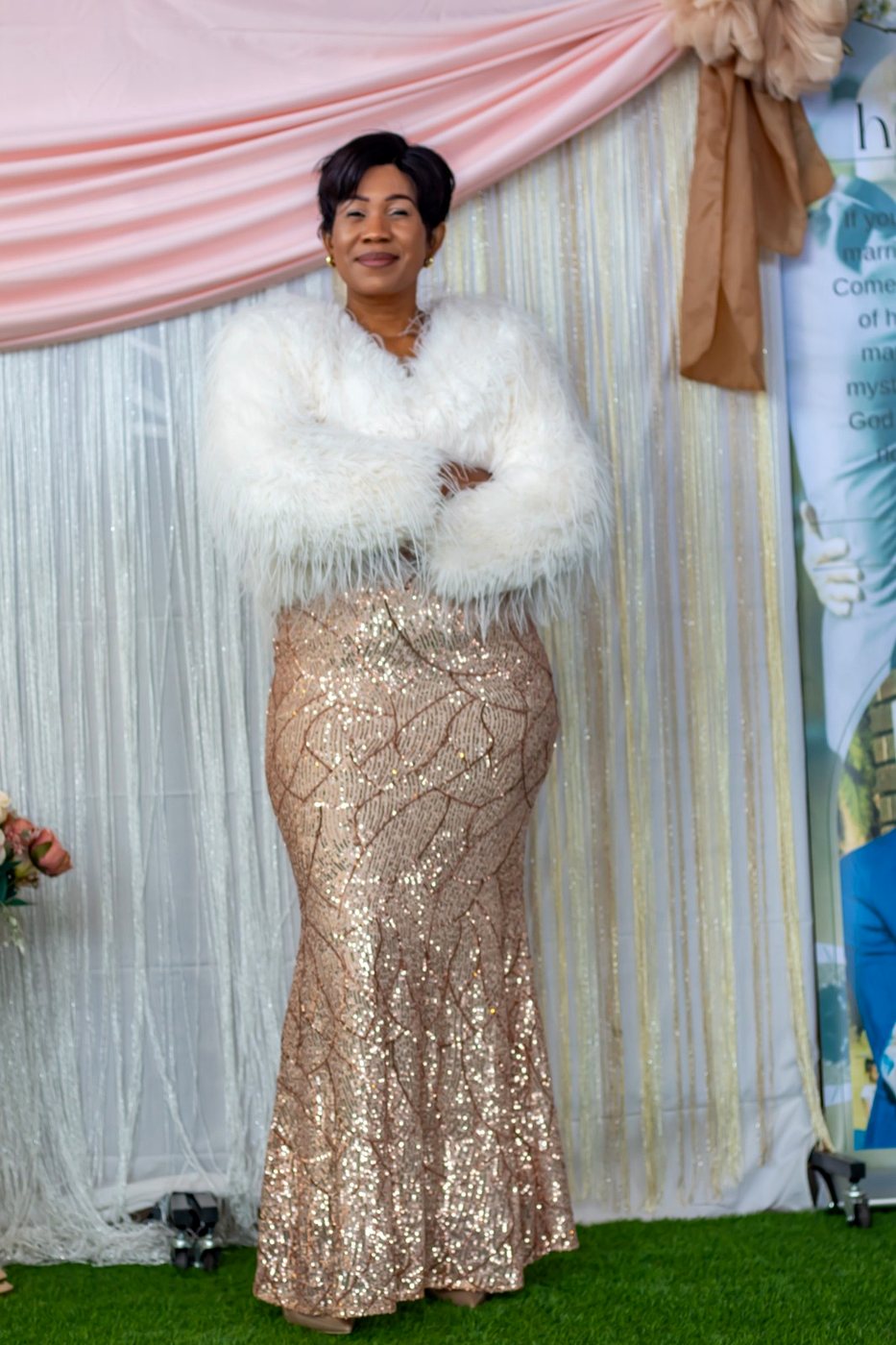 Woman dressed elegantly for a ministry celebration