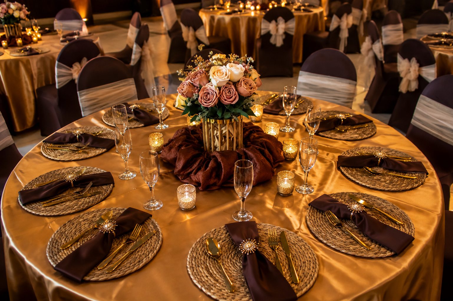Elegant gold and brown table setting prepared for a ministry celebration